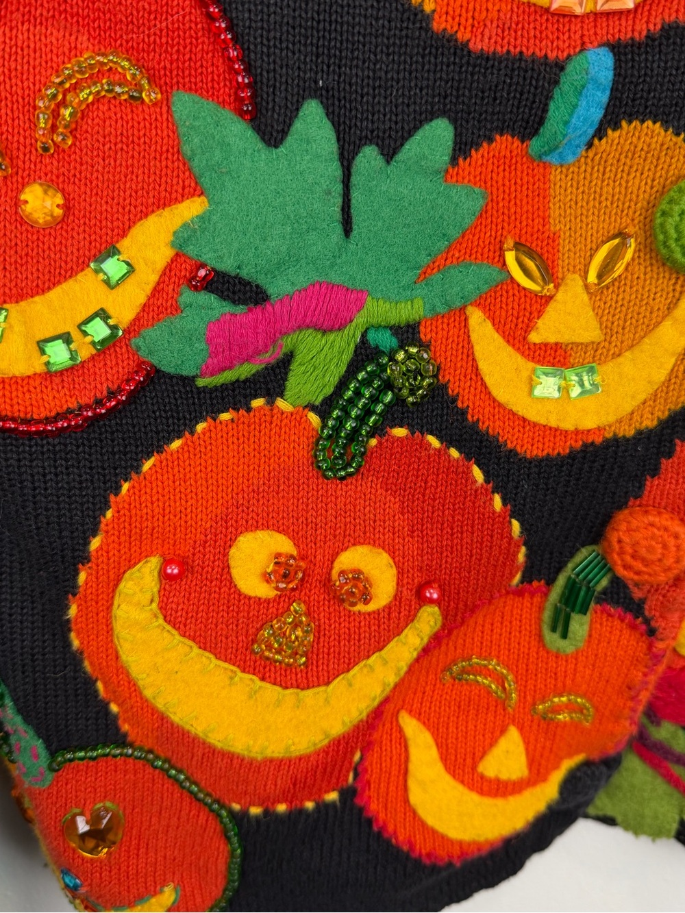Vintage Michael Simon Halloween Pumpkin Cardigan P/S 90s Beaded Novelty Sweater - Picture 3 of 7
